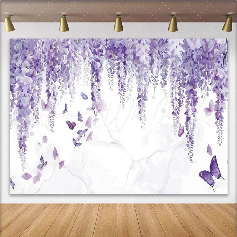 Lofaris Elegant Purple Wisteria Floral Photography Backdrop with Butterflies Dreamy Wall Tapestry for Studio Photoshoot and Party Decor