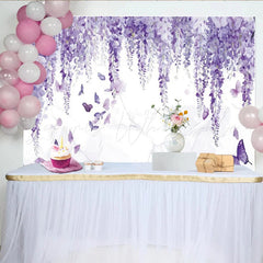 Lofaris Elegant Purple Wisteria Floral Photography Backdrop with Butterflies Dreamy Wall Tapestry for Studio Photoshoot and Party Decor