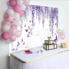 Lofaris Elegant Purple Wisteria Floral Photography Backdrop with Butterflies Dreamy Wall Tapestry for Studio Photoshoot and Party Decor