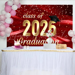 Lofaris Elegant Red and Gold Class of 2026 Graduation Party Backdrop Featuring a Cap and Sparkling Confetti