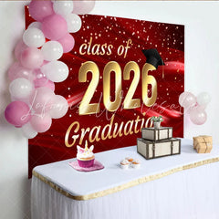 Lofaris Elegant Red and Gold Class of 2026 Graduation Party Backdrop Featuring a Cap and Sparkling Confetti