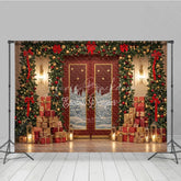 Lofaris Elegant Red Christmas Door Photography Backdrop Snowy Scene with Garland and Trees Holiday Mini Session Background