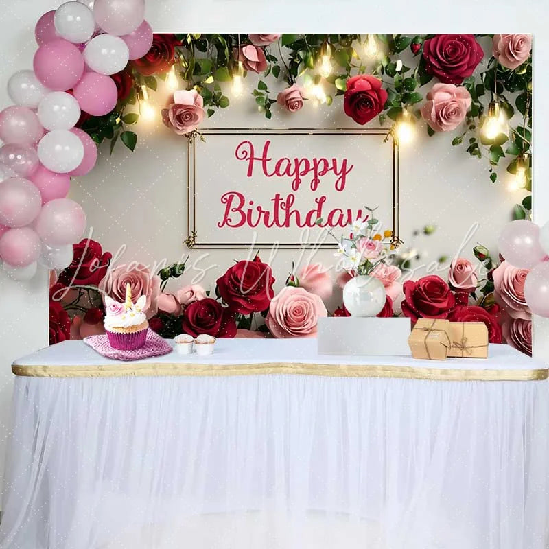 Lofaris Elegant Red Pink Rose Floral Happy Birthday Backdrop Warm Fairy Lights Womens Photography Background