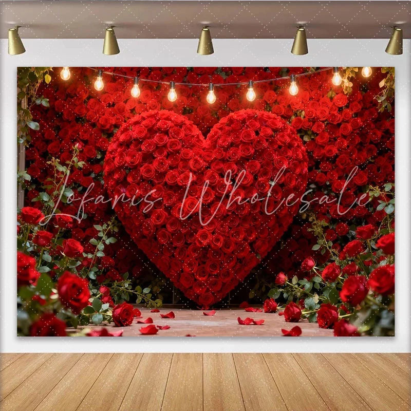 Lofaris Elegant Red Rose Heart Wall Party Backdrop with String Lights Romantic Valentine’s Day Decor