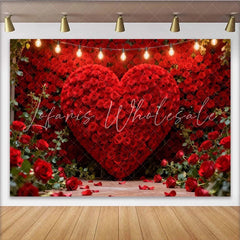 Lofaris Elegant Red Rose Heart Wall Party Backdrop with String Lights Romantic Valentine’s Day Decor