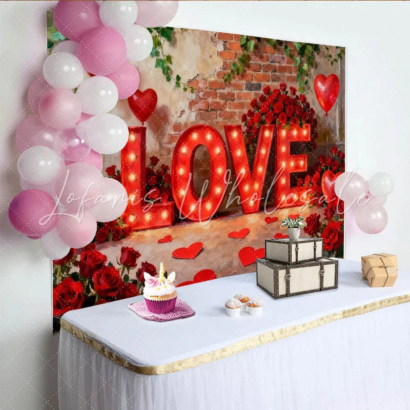 Lofaris Elegant Red Roses and Illuminated LOVE Letters Party Backdrop Romantic Valentine’s Day Celebration Decor