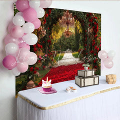 Lofaris Elegant Red Roses Archway Party Backdrop with Chandeliers Romantic Garden Wedding Engagement Decor