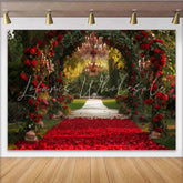 Lofaris Elegant Red Roses Archway Party Backdrop with Chandeliers Romantic Garden Wedding Engagement Decor