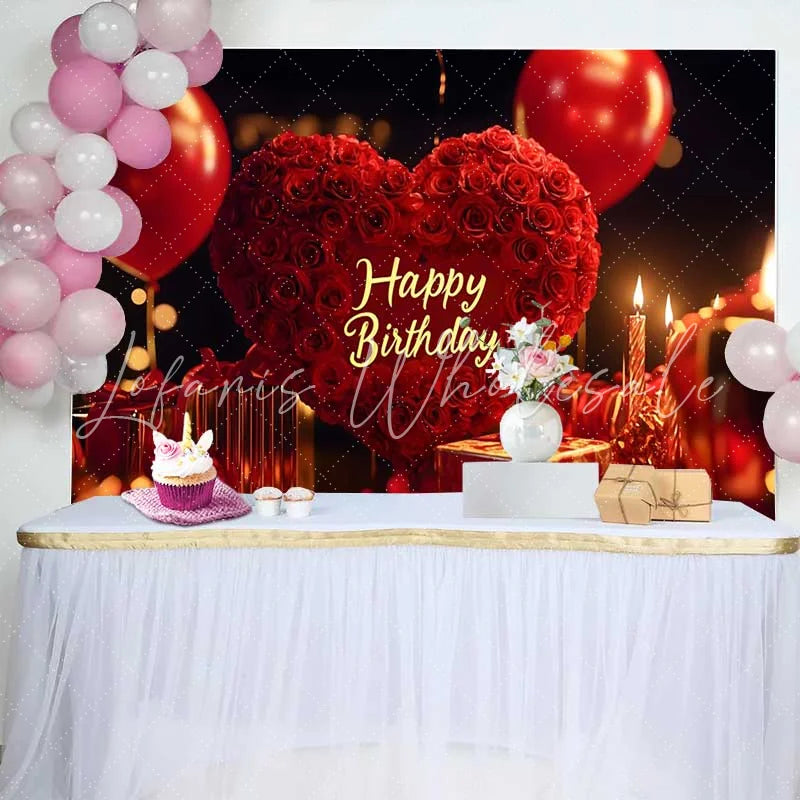 Lofaris Elegant Red Roses Heart Happy Birthday Backdrop with Balloons and Gifts Romantic Celebration Party Decor