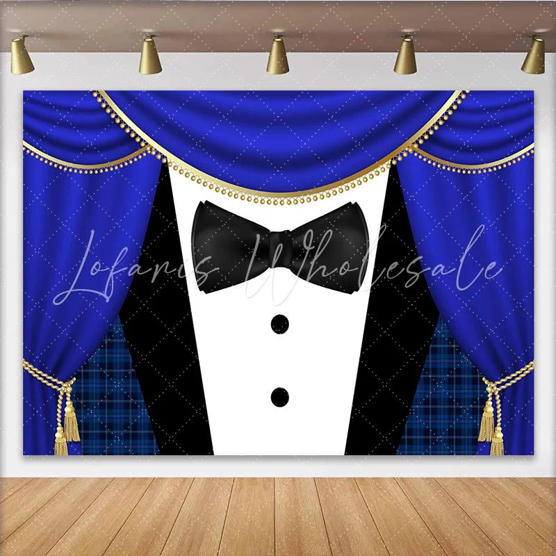 Lofaris Elegant Royal Blue Tuxedo Photography Backdrop with Gold Trim and Black Bow Tie Sophisticated Party Background for Event Decor