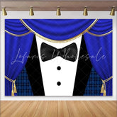 Lofaris Elegant Royal Blue Tuxedo Photography Backdrop with Gold Trim and Black Bow Tie Sophisticated Party Background for Event Decor