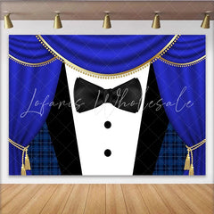 Lofaris Elegant Royal Blue Tuxedo Photography Backdrop with Gold Trim and Black Bow Tie Sophisticated Party Background for Event Decor