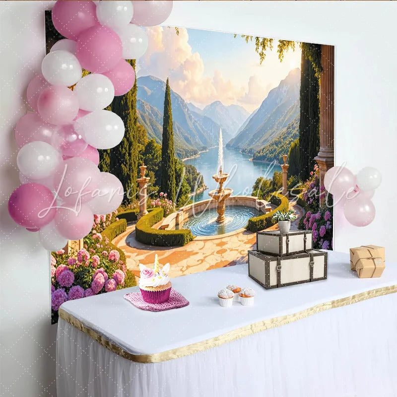 Lofaris Elegant Scenic Garden Photography Backdrop with Fountain and Lake View Picturesque Landscape Background for Studio and Event Decor