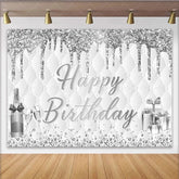 Lofaris Elegant Silver Glitter Happy Birthday Backdrop with Champagne Luxurious Photo Booth Background for Adult Party Decoration
