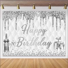 Lofaris Elegant Silver Glitter Happy Birthday Backdrop with Champagne Luxurious Photo Booth Background for Adult Party Decoration