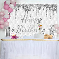 Lofaris Elegant Silver Glitter Happy Birthday Backdrop with Champagne Luxurious Photo Booth Background for Adult Party Decoration