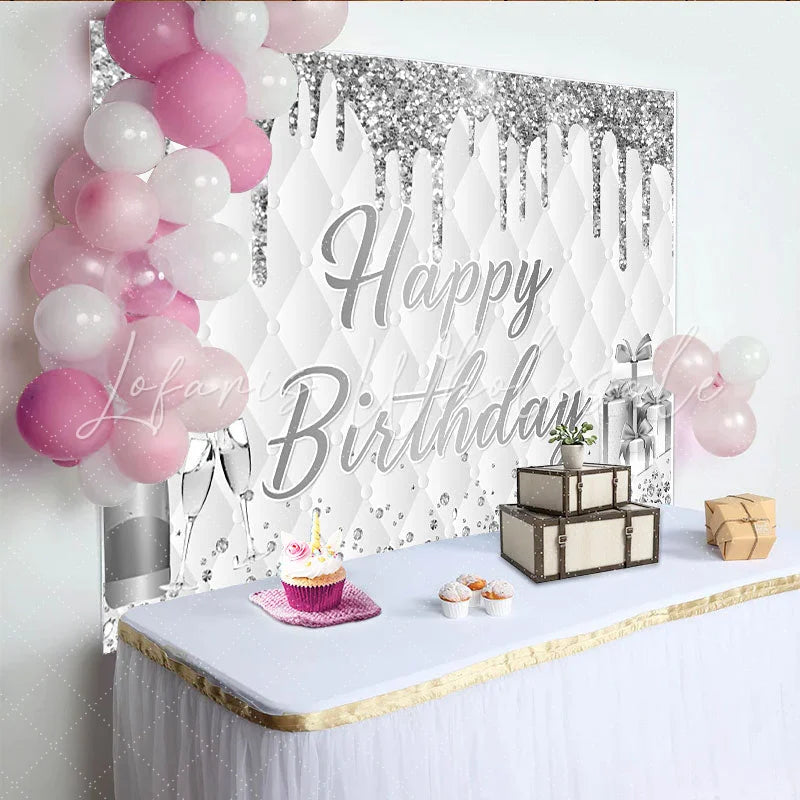 Lofaris Elegant Silver Glitter Happy Birthday Backdrop with Champagne Luxurious Photo Booth Background for Adult Party Decoration