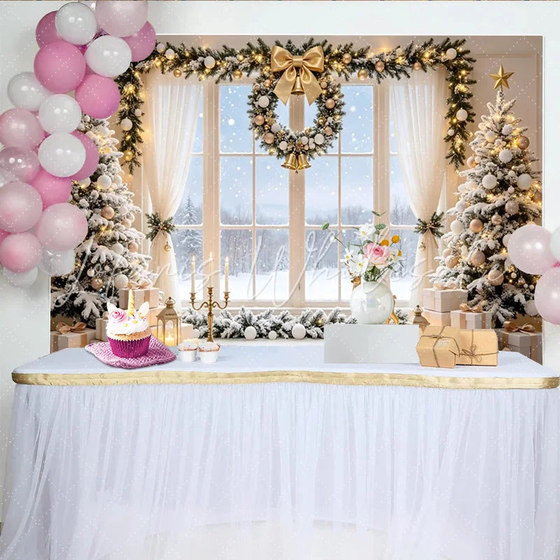 Lofaris Elegant Snowy Christmas Tree Backdrop with Golden Ornaments and Gifts Luxurious Winter Holiday Background for Family Photos