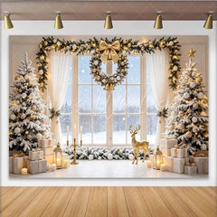 Lofaris Elegant Snowy Christmas Tree Backdrop with Golden Ornaments and Gifts Luxurious Winter Holiday Background for Family Photos