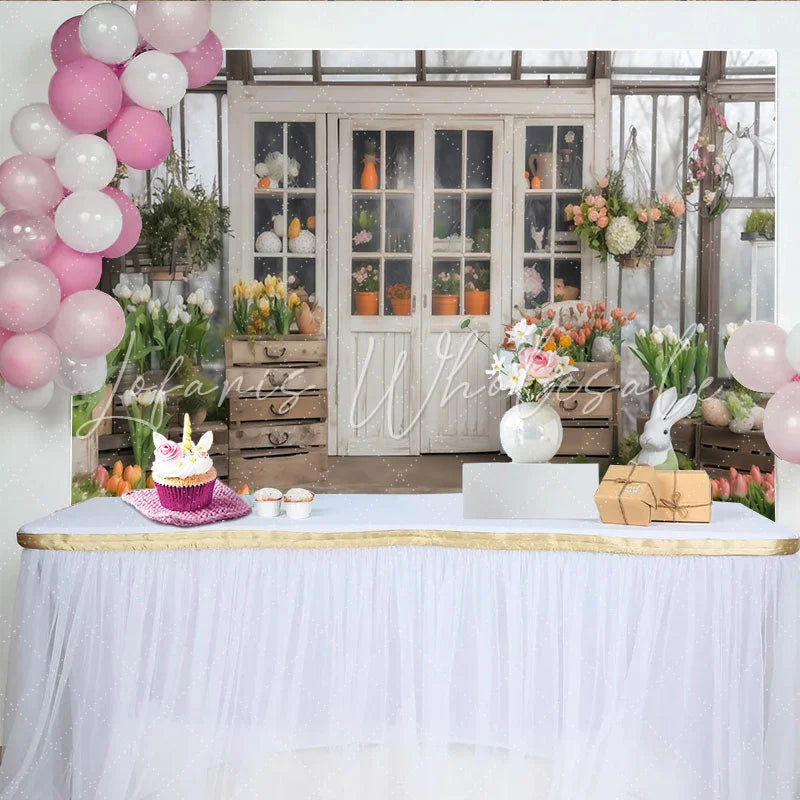 Lofaris Elegant Spring Garden Party Backdrop White Greenhouse Doors with Easter Bunny and Tulips