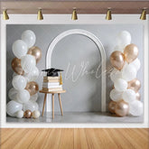 Lofaris Elegant White and Rose Gold Graduation Backdrop with Cap and Books Stylish Photo Booth Prop for Celebration Party Decor