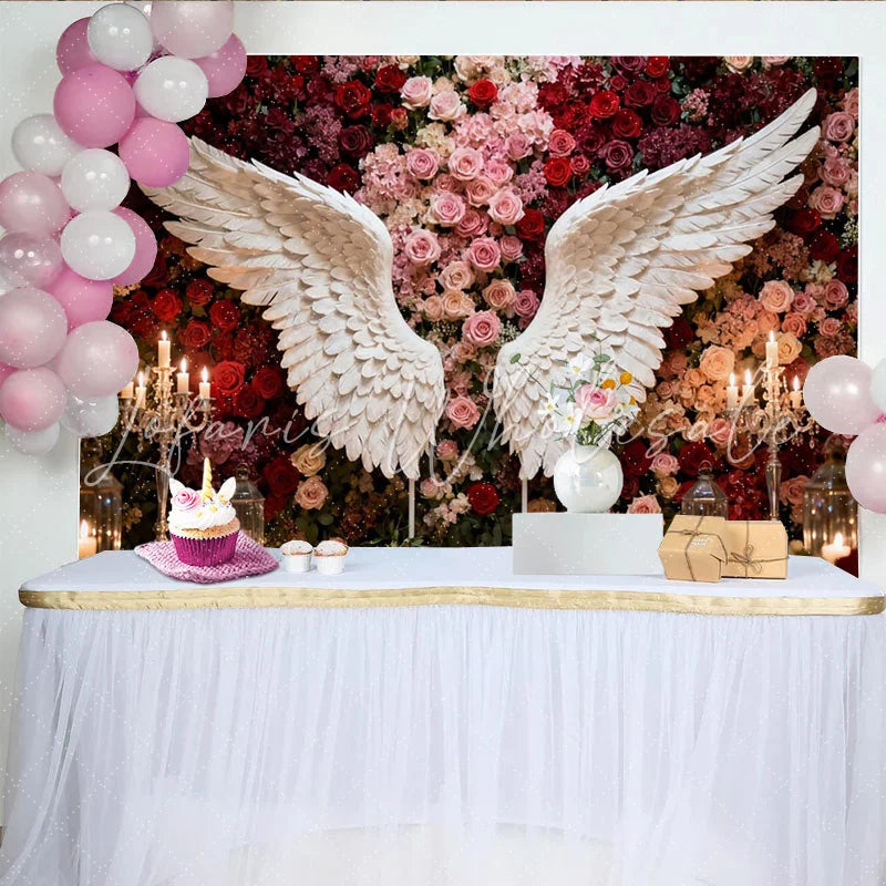 Lofaris Elegant White Angel Wings and Red Pink Roses Floral Party Backdrop Romantic Wedding Engagement Celebration Decor