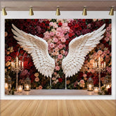 Lofaris Elegant White Angel Wings and Red Pink Roses Floral Party Backdrop Romantic Wedding Engagement Celebration Decor