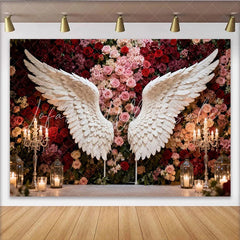 Lofaris Elegant White Angel Wings and Red Pink Roses Floral Party Backdrop Romantic Wedding Engagement Celebration Decor