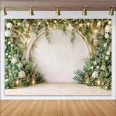 Lofaris Elegant White Arch Floral Photography Backdrop with Greenery and String Lights Rustic Wood Floor Background for Wedding Party Decor