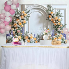 Lofaris Elegant White Arch Floral Photography Backdrop with Peach Roses Romantic Background for Engagement Party Photoshoot