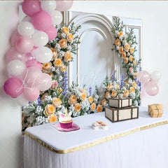 Lofaris Elegant White Arch Floral Photography Backdrop with Peach Roses Romantic Background for Engagement Party Photoshoot