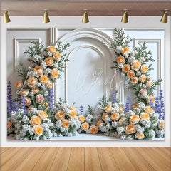 Lofaris Elegant White Arch Floral Photography Backdrop with Peach Roses Romantic Background for Engagement Party Photoshoot