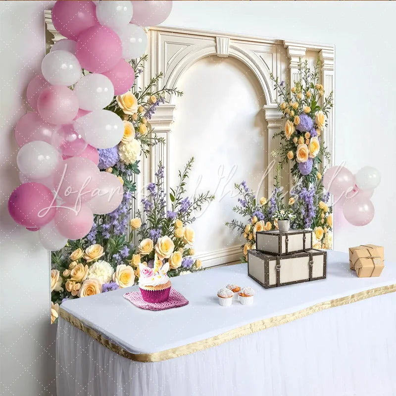 Lofaris Elegant White Arch Floral Photography Backdrop with Yellow Roses Lush Greenery Background for Studio Portrait and Event Decor