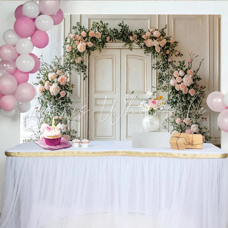 Lofaris Elegant White Door Floral Photography Backdrop with Pink Roses Romantic Greenery Background for Wedding or Studio Photoshoot