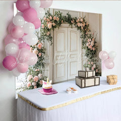 Lofaris Elegant White Door Floral Photography Backdrop with Pink Roses Romantic Greenery Background for Wedding or Studio Photoshoot