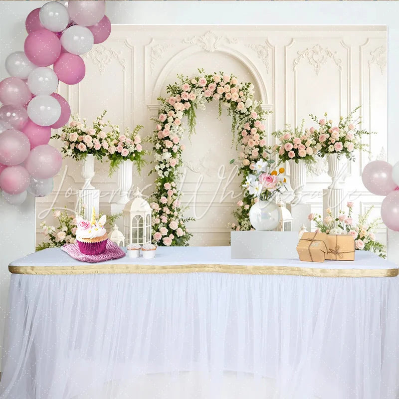 Lofaris Elegant White Floral Arch Wedding Backdrop with Pink Roses and Greenery Romantic Background for Bridal Shower or Event Decor