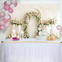 Lofaris Elegant White Floral Arch Wedding Backdrop with Pink Roses and Greenery Romantic Background for Bridal Shower or Event Decor