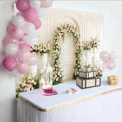 Lofaris Elegant White Floral Arch Wedding Backdrop with Pink Roses and Greenery Romantic Background for Bridal Shower or Event Decor