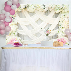 Lofaris Elegant White Floral Wedding Backdrop with Pink Roses and Drapes Romantic Photography Background for Bridal Shower Party