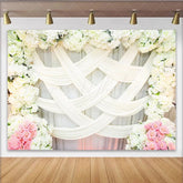 Lofaris Elegant White Floral Wedding Backdrop with Pink Roses and Drapes Romantic Photography Background for Bridal Shower Party
