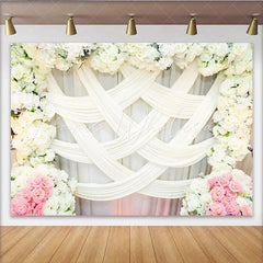 Lofaris Elegant White Floral Wedding Backdrop with Pink Roses and Drapes Romantic Photography Background for Bridal Shower Party
