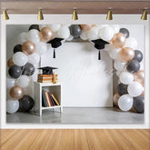 Lofaris Elegant White Grey Rose Gold Balloon Arch Graduation Backdrop with Caps and Books Stylish Photo Booth for Party Decor