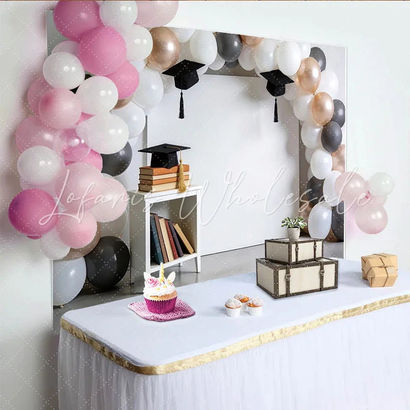 Lofaris Elegant White Grey Rose Gold Balloon Arch Graduation Backdrop with Caps and Books Stylish Photo Booth for Party Decor