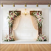Lofaris Elegant White Paneled Wall Wedding Backdrop with Floral Arches and Drapes Romantic Photo Booth Background for Ceremony