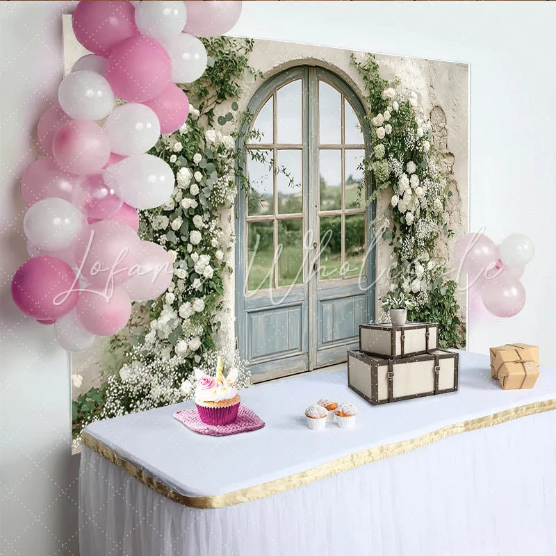 Lofaris Elegant White Rose Wedding Backdrop with Arched Door and Greenery Rustic Stone Wall Photography Background for Romantic Event Decor