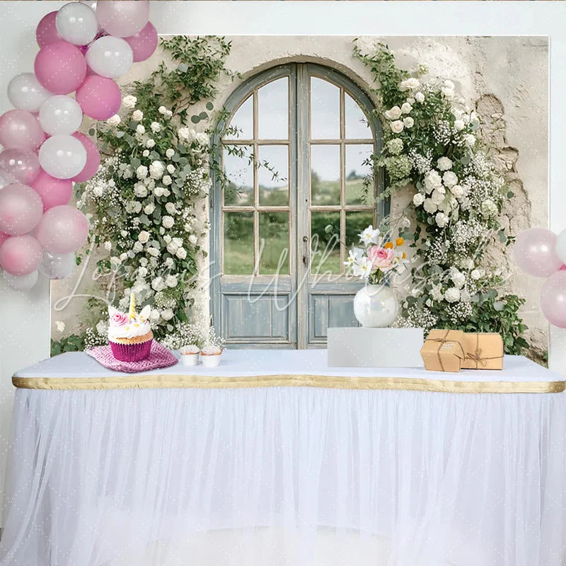 Lofaris Elegant White Rose Wedding Backdrop with Arched Door and Greenery Rustic Stone Wall Photography Background for Romantic Event Decor