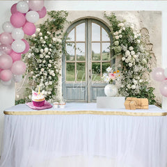 Lofaris Elegant White Rose Wedding Backdrop with Arched Door and Greenery Rustic Stone Wall Photography Background for Romantic Event Decor