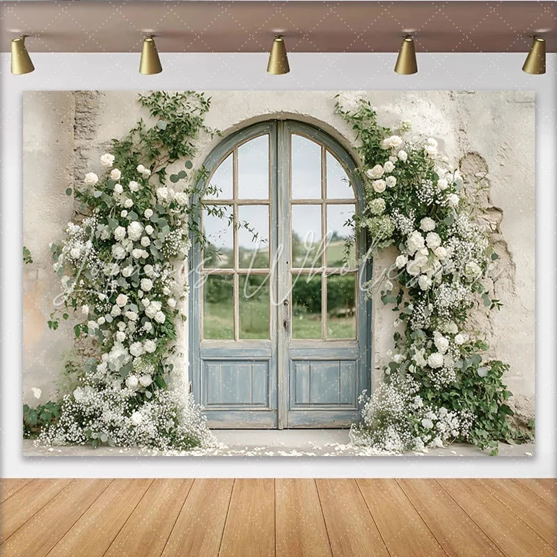 Lofaris Elegant White Rose Wedding Backdrop with Arched Door and Greenery Rustic Stone Wall Photography Background for Romantic Event Decor