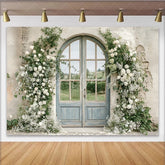Lofaris Elegant White Rose Wedding Backdrop with Arched Door and Greenery Rustic Stone Wall Photography Background for Romantic Event Decor