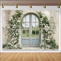 Lofaris Elegant White Rose Wedding Backdrop with Arched Door and Greenery Rustic Stone Wall Photography Background for Romantic Event Decor